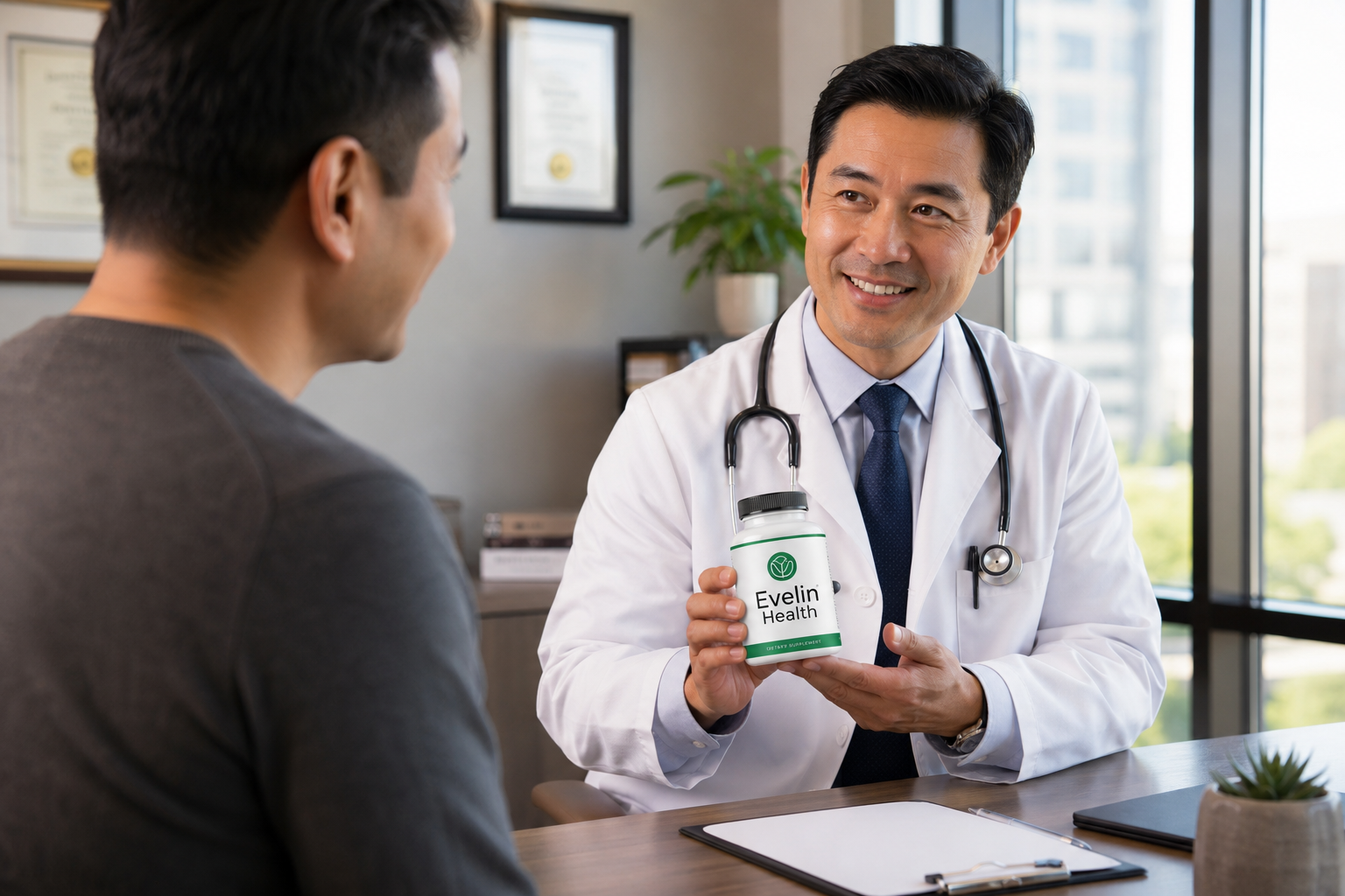 Couple holding Evelin Health supplements at sunset