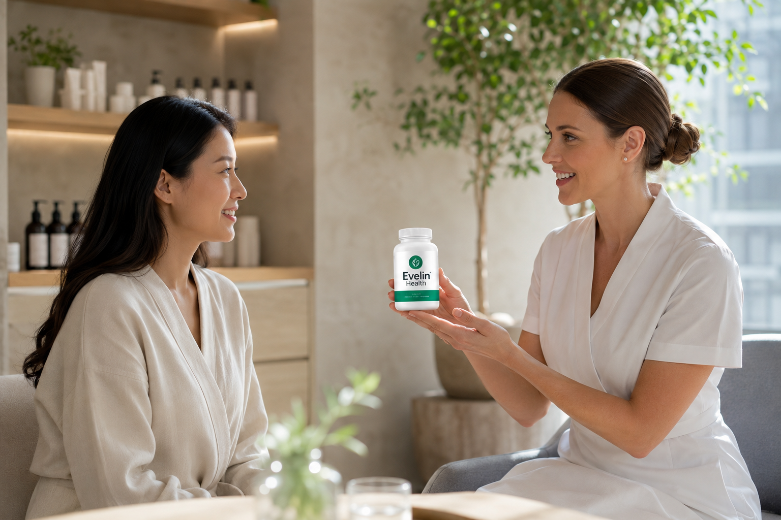 Wellness specialist recommending Evelin Health supplements at a spa
