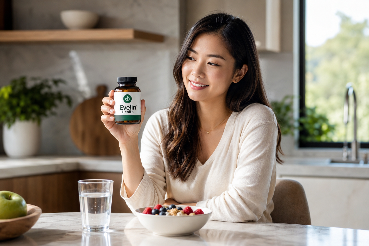 Couple holding Evelin Health supplements in a bright apartment