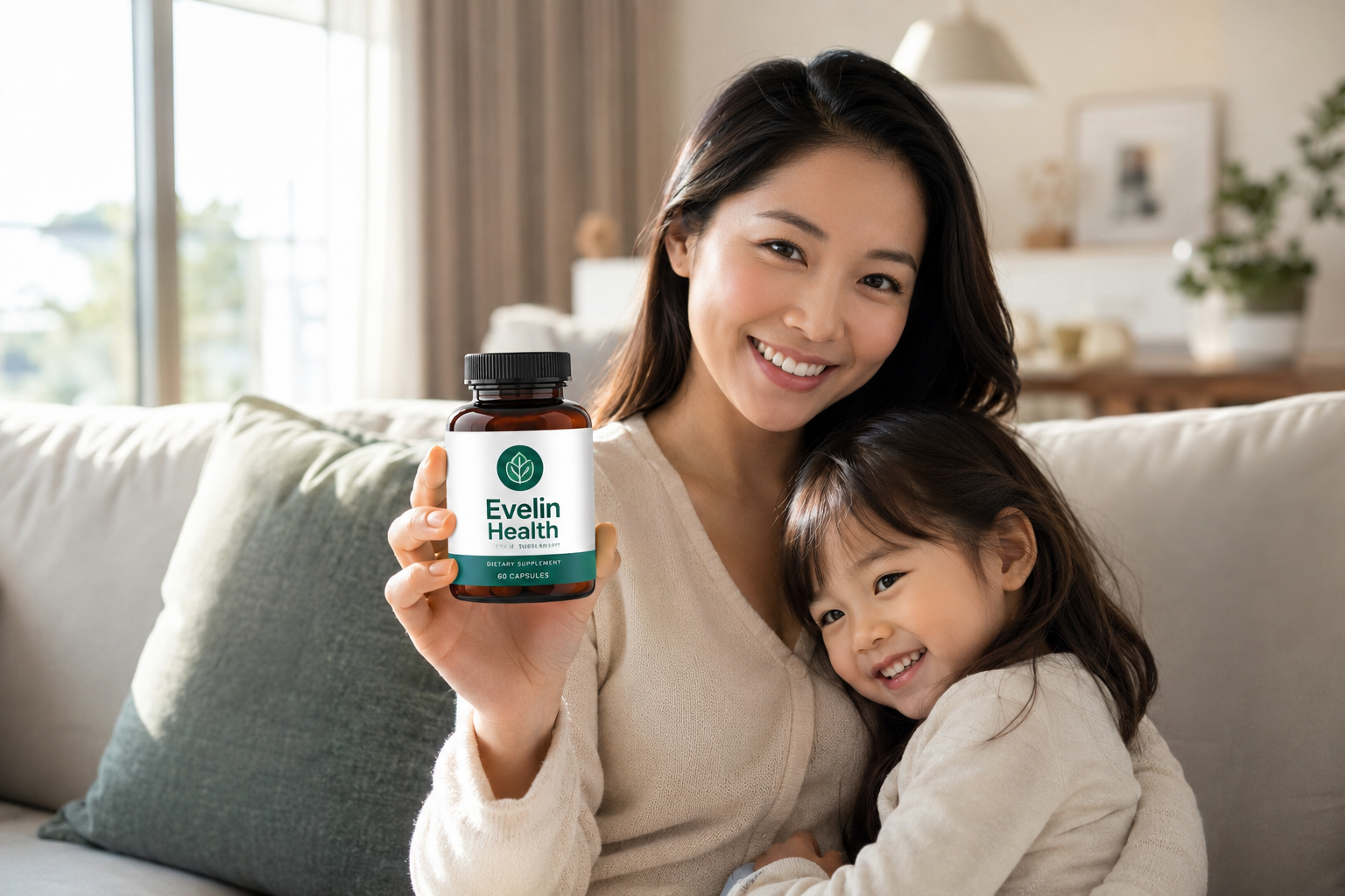 Mother and child with Evelin Health supplements at home