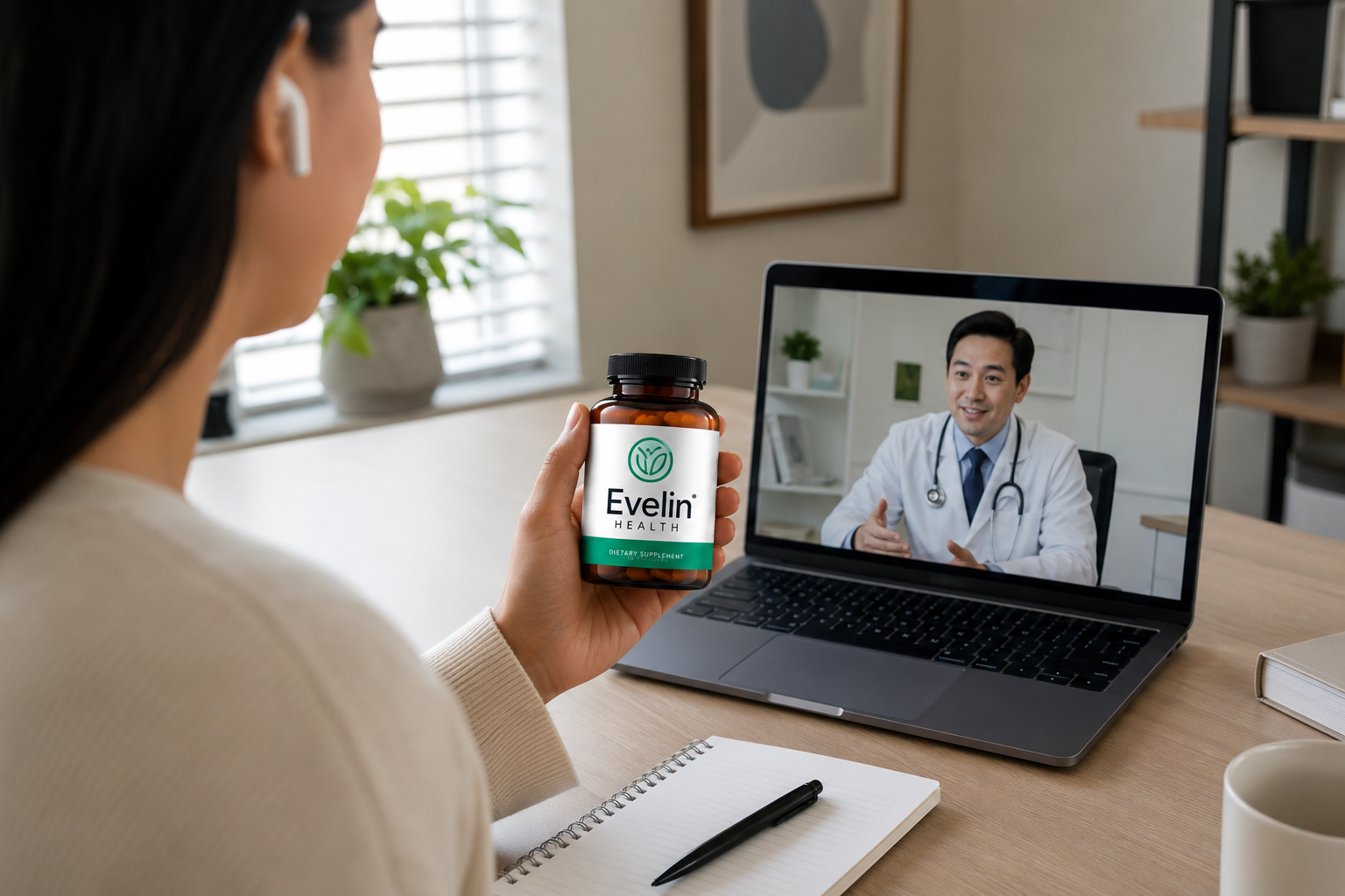 Woman on a telehealth call holding Evelin Health supplements